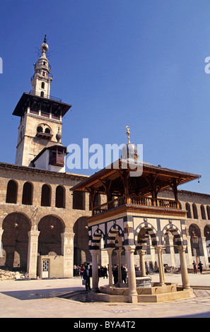 La Syrie, Damas - La Mosquée des Omeyyades cour intérieure et le Minaret Banque D'Images