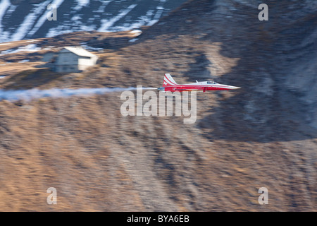 Vol en formation de la Patrouille Suisse dans le Northrop F-5E Tiger II en face d'un chalet de montagne, mountain-air show de la Banque D'Images