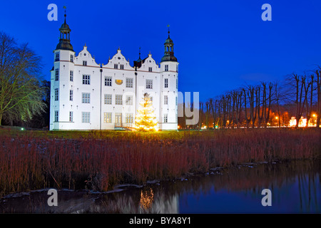 Arbre de Noël en face de l'allumé Ahrensburger château au crépuscule, à Ahrensburg, district de Stormarn Banque D'Images