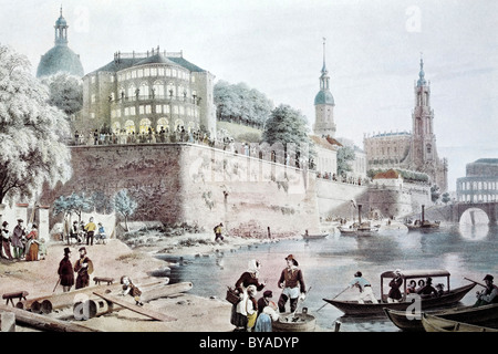 Vue de Dresde, Bruehl's Terrace, 1850, paysage urbain historique, gravure sur acier, créé au 19ème siècle, la Saxe Banque D'Images