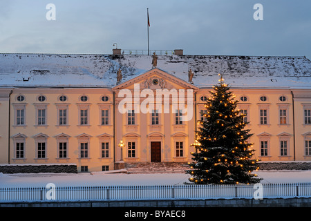Entrée principale du château de Bellevue, résidence du Président fédéral allemand, avec un arbre de Noël à Noël, Berlin Banque D'Images
