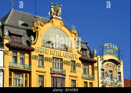 Hôtels Art Nouveau Grand Hôtel Europa et Hôtel Meran, Wenceslas Square, Prague, la Bohême, République Tchèque, Europe Banque D'Images