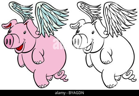 Cochon avec des ailes battant personnage isolé sur fond blanc - couleur et noir / blanc versions. Banque D'Images