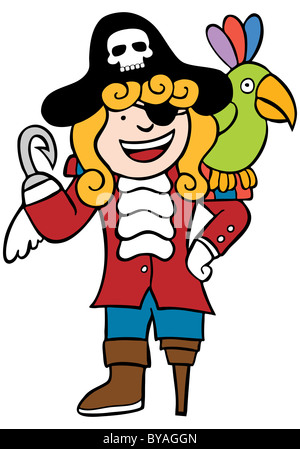 Droit d'un cartoon friendly pirate avec perroquet. Banque D'Images