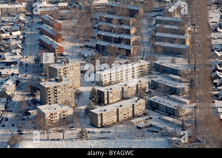 Vue aérienne de haute taille housing estate, neige, Hamm, Ruhr, Nordrhein-Westfalen, Germany, Europe Banque D'Images