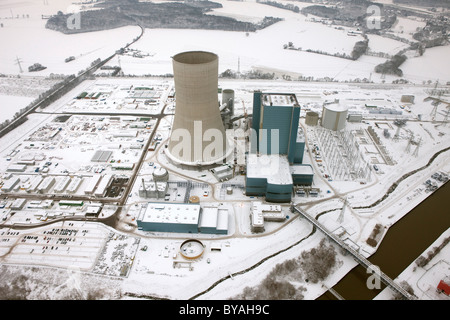 Vue aérienne, EON Datteln4 power plant, gel de construction, centrale à charbon, neige, Datteln, Ruhr, Rhénanie du Nord-Westphalie Banque D'Images