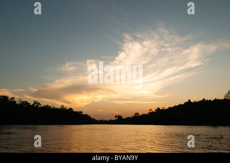 Coucher de soleil sur la rivière Sungai Kinabatangan au Sabah, Bornéo, Malaisie Banque D'Images