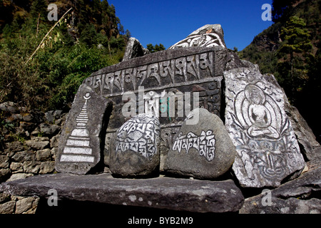 S'empilaient des pierres Mani, tablettes de pierre sacrée, parc national de Sagarmatha, Khumbu, Népal, Asie Banque D'Images