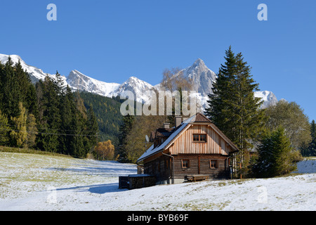 Chalet en bois et montagne Reichenstein, 2251m, vu d'un pré près de la jonction à la vallée de Kaiserau Banque D'Images