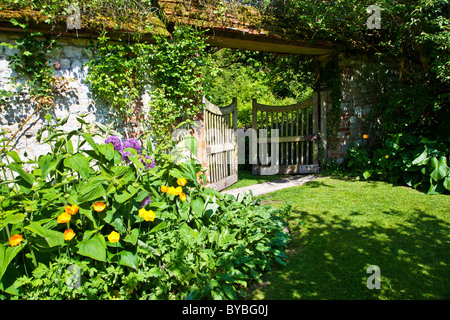 Ouvrir une porte de jardin en bois dans un jardin de campagne anglaise en été avec des coquelicots de Californie et allium violet au premier plan. Banque D'Images