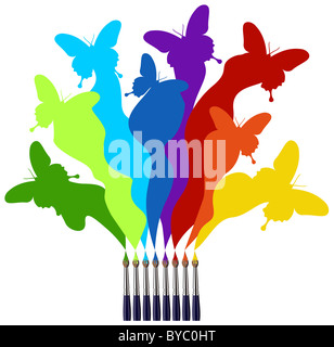 Huit pinceaux dessinant un arc-en-ciel coloré d'un essaim de papillons. Fond blanc Banque D'Images