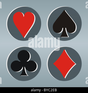 Playcards Poker d'icônes dans un cadre gris avec des cercles sur fond rayé. Vector disponible Banque D'Images