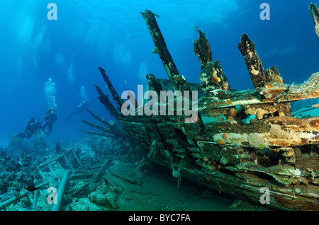 Groupe de plongeurs sur wreeckship en bois. Divers inspecte le squelette d'un navire en bois Banque D'Images