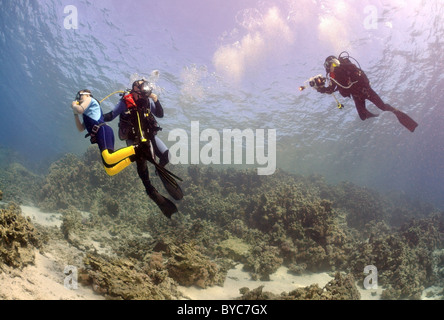 Scuba Diver montre l'enfant le monde sous-marin Banque D'Images