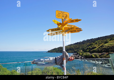 Monde accorde la direction et la distance au point d'orientation pour Stirling, Bluff, Southland, Région de l'île du Sud, Nouvelle-Zélande Banque D'Images