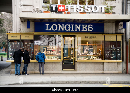 Bijoutiers joailliers / boutique / store vente à Genève Swiss made montres Longines et Tissot. Geneve. La Suisse. Banque D'Images