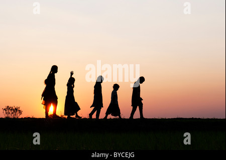 Les filles indiennes Silhouette marcher à la maison de l'école à travers un champ de riz au coucher du soleil. L'Andhra Pradesh, Inde Banque D'Images