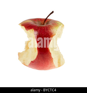 Pomme rouge avec deux morsures prises sur fond blanc. Banque D'Images