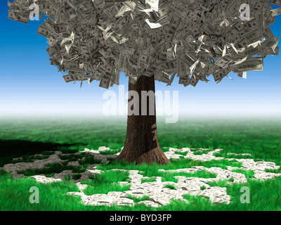 Arbre d'argent avec des centaines de dollars de plus en plus sur elle et couché sur l'herbe verte sous elle. Concept d'investissement Banque D'Images