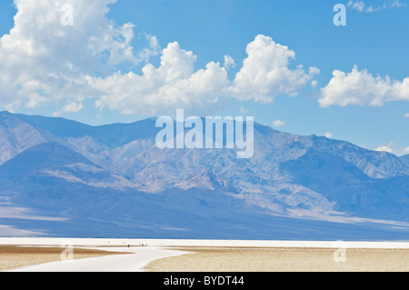 Les touristes à pied sur les polygones de sel du bassin de Badwater pan à Death Valley National Park, California, USA Banque D'Images