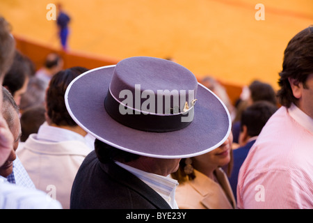 Soleil / Espagnol Gaucho hat portés par des membres de l'assistance / foule / spectateurs / spectateur à arènes de Séville / Bull ring. Séville Espagne Banque D'Images