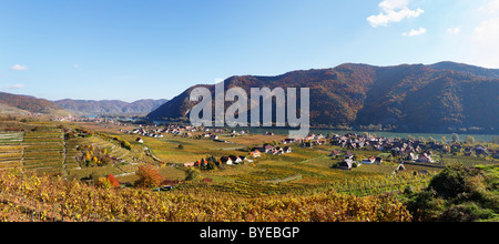 Communes de Weissenkirchen in der Wachau, Joching et Woesendorf, Danube, paysage d'automne avec des vignes Banque D'Images