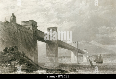 Le pont tubulaire Britannia à travers le détroit de Menai entre l'île d'Anglesey et de la partie continentale du pays de Galles au 19ème siècle Banque D'Images