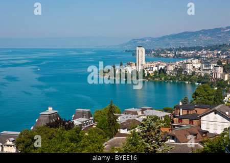 Avis de Montreux sur le Lac Léman, Montreux, Canton de Vaud, Suisse, Europe Banque D'Images