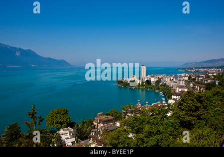 Avis de Montreux sur le Lac Léman, Montreux, Canton de Vaud, Suisse, Europe Banque D'Images