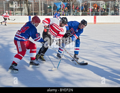 Policiers Detroit Detroit jouer les pompiers dans la charité Jeu de hockey sur glace Banque D'Images