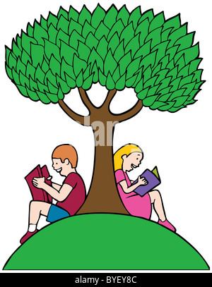 Les enfants des livres de lecture sous un arbre. Banque D'Images