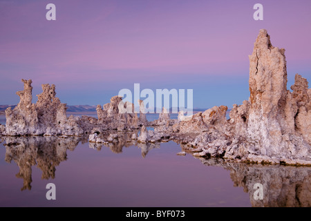 Tours de tuf calcaire couverte de neige sur lac Mono, sous le crépuscule rose et bleu ciel. Le comté de Mono, dans l'Est de Sierras, California, USA Banque D'Images