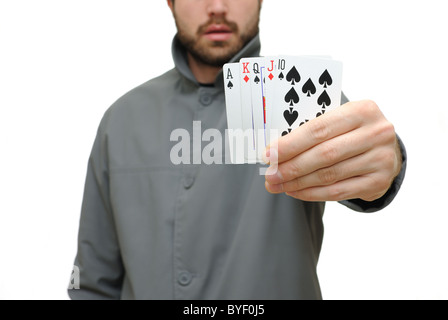 Quinte Flush Royale dans une main isolé sur un fond blanc. Banque D'Images