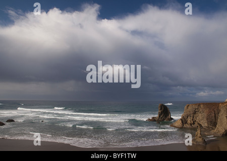 Vue sur la plage, surf et de formations rocheuses, Bandon Beach, Oregon Coast, Oregon, USA Banque D'Images