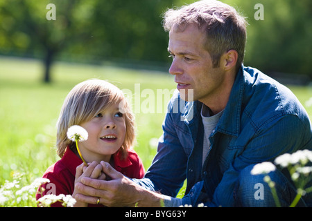 Père et fils holding dandelion en plein soleil Banque D'Images