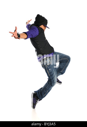 African American hip hop dancer jumping isolé sur fond blanc Banque D'Images