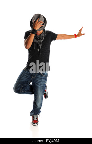 African American hip hop dancer isolé sur fond blanc Banque D'Images