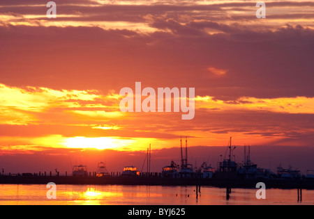 Amarré bateaux de crevettes au coucher du soleil dans la région de Biloxi, Mississippi, USA. Banque D'Images