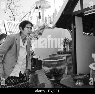 Photographie en noir et blanc d'une vieille femme dans un temple thaïlandais Banque D'Images