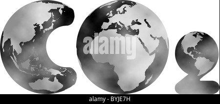 Impact CO2 sur la terre : Smokey globes formant le logo de CO2 Banque D'Images