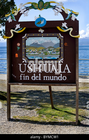 Inscrivez-vous à Ushuaia indiquant la fin du monde, la Terre de Feu, Patagonie, Argentine Banque D'Images