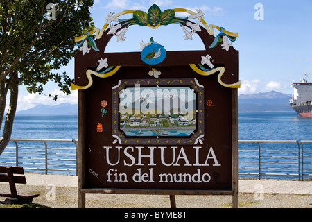 Inscrivez-vous à Ushuaia indiquant la fin du monde, la Terre de Feu, Patagonie, Argentine Banque D'Images