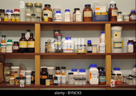 Rayons d'un assortiment de produits chimiques dans une salle de stockage chimique de l'école en Angleterre. Banque D'Images