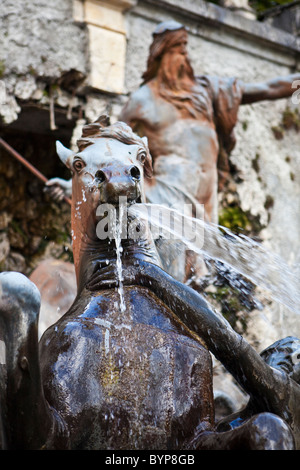 Portrait d'un cheval dans la fontaine à Poséidon le château de Linderhof, Bavière, Allemagne Banque D'Images