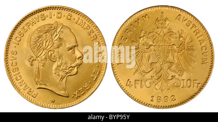 Pièce d'or. - L'empereur François-Joseph d'Autriche. 4 / 10 florins francs. 1892 Banque D'Images