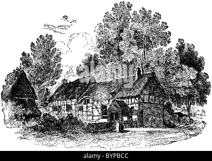 1840 gravure de Shottery Cottage, maison d'enfance de la femme de Shakespeare. Banque D'Images