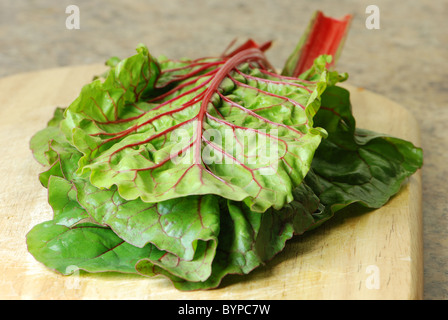 Feuilles de bette à carde sur une planche à découper Banque D'Images