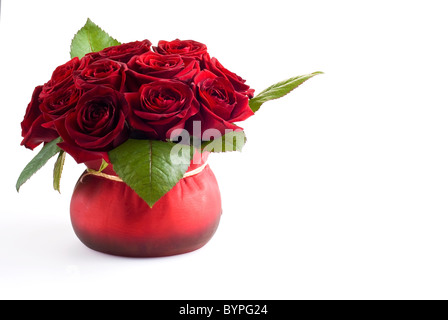 De belles roses dans le pot rouge sur fond blanc Banque D'Images