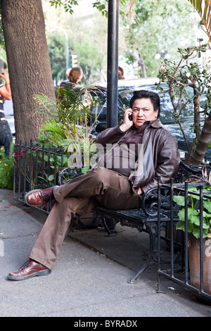 Les jeunes paunchy Diego Rivera se ressemblent assis sur banc en fonte café à l'extérieur sur l'Avenida Alvaro Obregon parle sur son téléphone cellulaire Banque D'Images