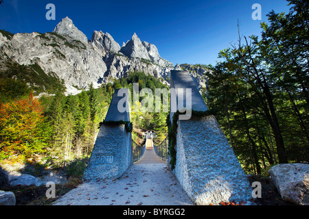 Un pont suspendu traverse la vallée Klausbachtal au parc national de Berchtesgaden, Allemagne. Banque D'Images